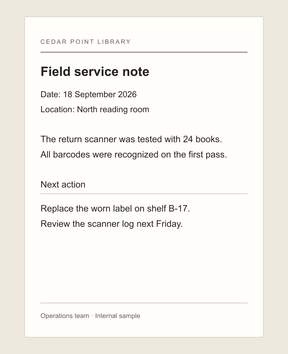 Typed library field service note used as an image to text OCR example